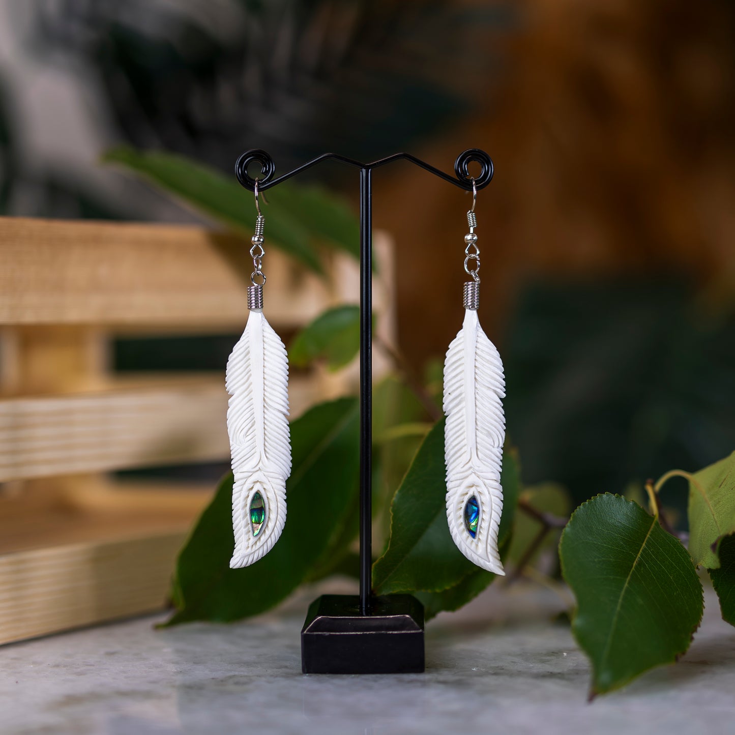 Bone Feather with Pāua Earrings - XMT Creations