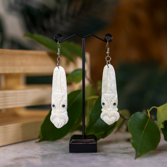 Bone Toki Earrings with Tiki Pattern - XMT Creations
