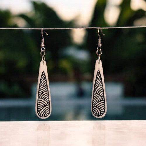 Bone Drop Earrings with Black Patterned Stain - XMT Creations